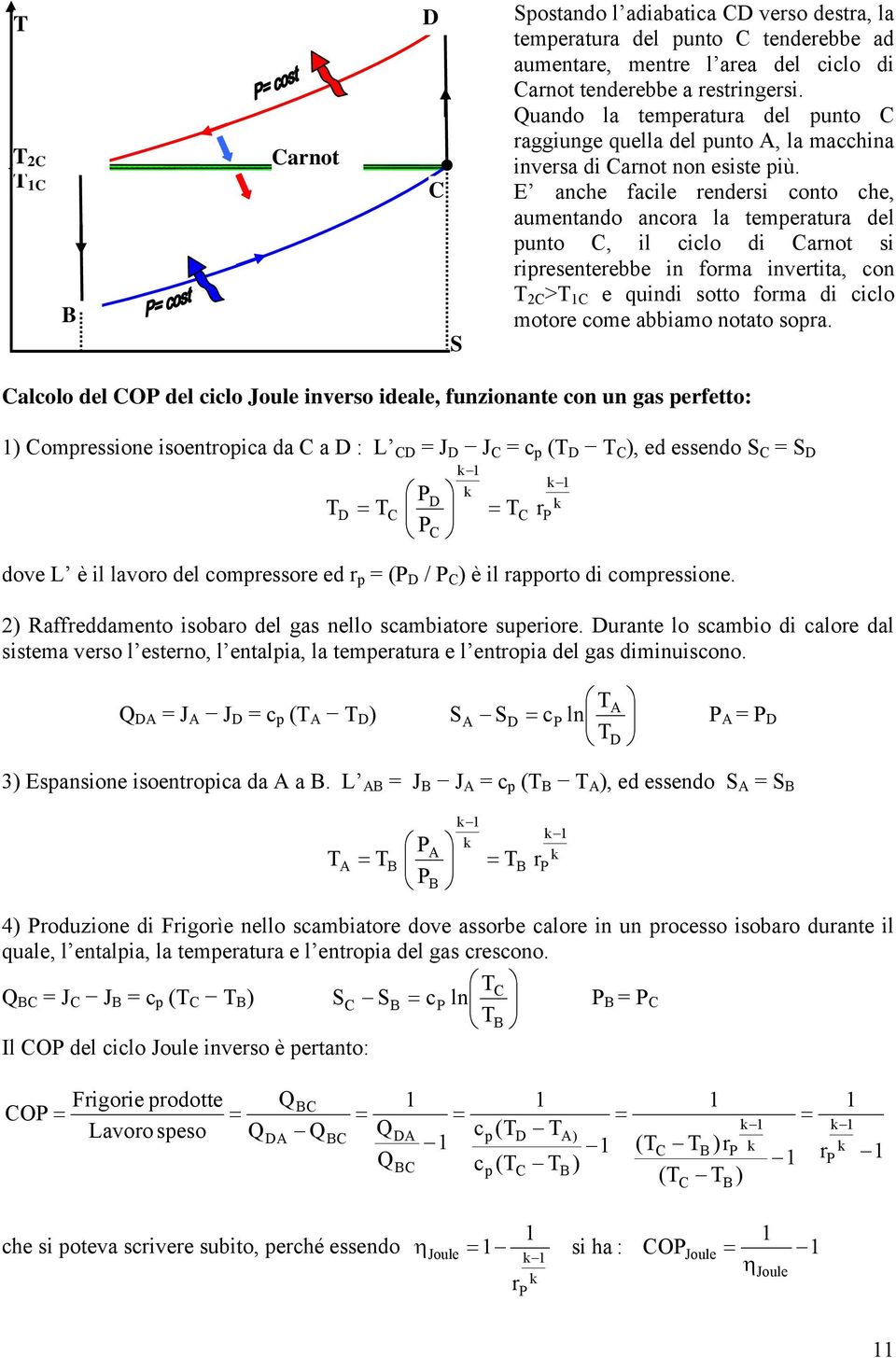 E anche facile rendersi conto che, aumentando ancora la temperatura del punto, il ciclo di arnot si ripresenterebbe in forma invertita, con > e quindi sotto forma di ciclo motore come abbiamo notato