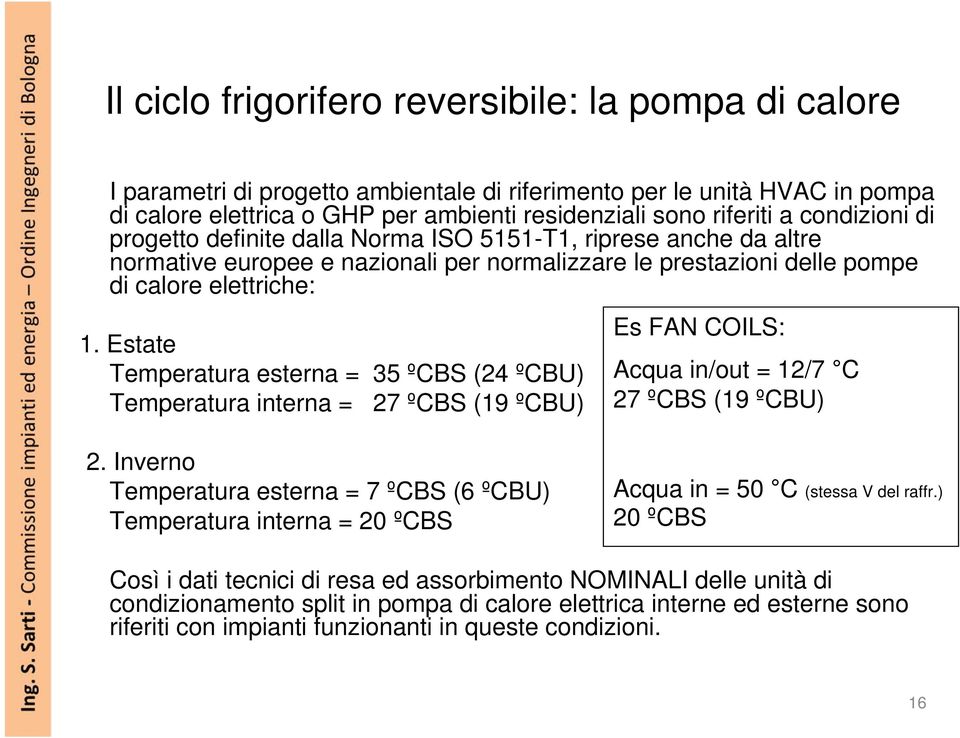 Estate Temperatura esterna = 35 ºCBS (24 ºCBU) Temperatura interna = 27 ºCBS (19 ºCBU) Es FAN COILS: Acqua in/out = 12/7 C 27 ºCBS (19 ºCBU) 2.