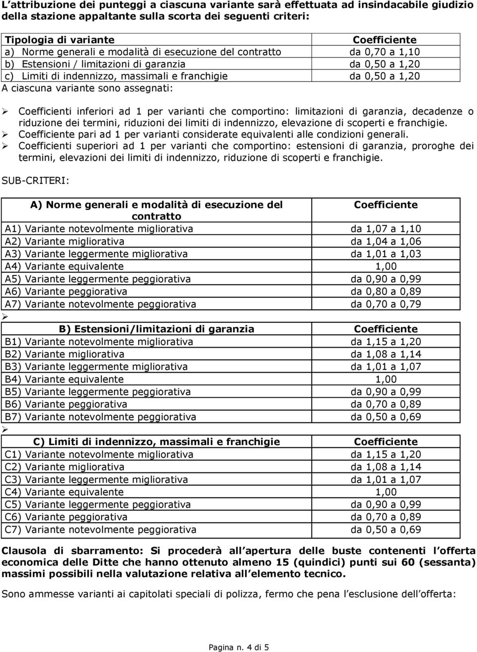 variante sono assegnati: Coefficienti inferiori ad 1 per varianti che comportino: limitazioni di garanzia, decadenze o riduzione dei termini, riduzioni dei limiti di indennizzo, elevazione di