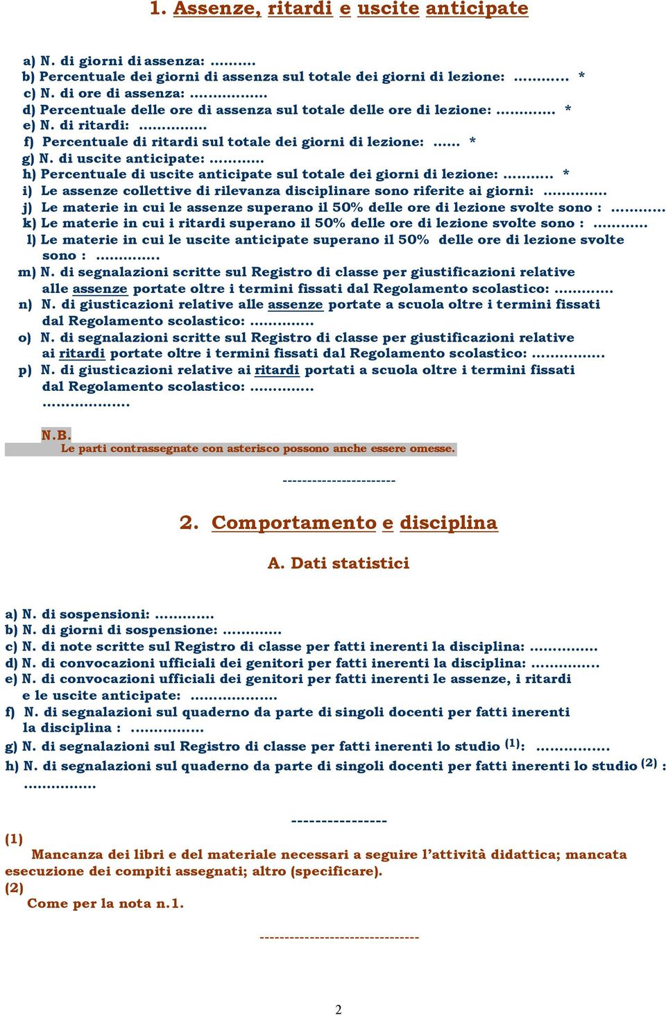 di uscite anticipate: h) Percentuale di uscite anticipate sul totale dei giorni di lezione:.. * i) Le assenze collettive di rilevanza disciplinare sono riferite ai giorni:.