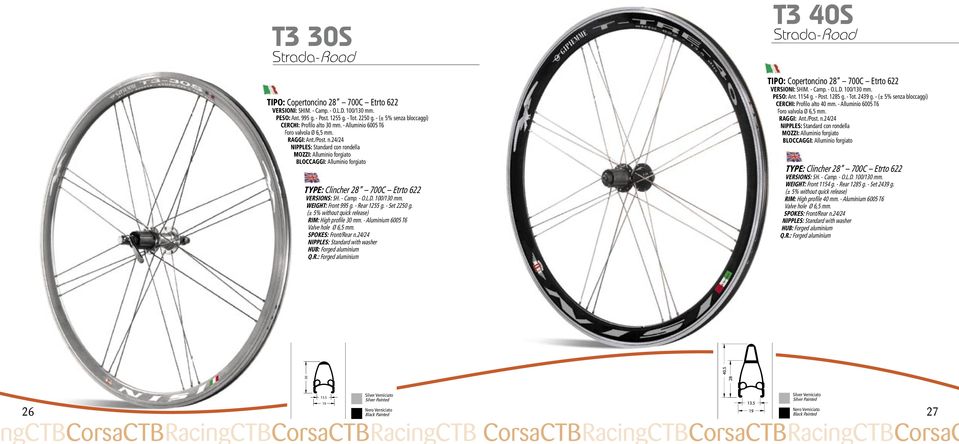 24/24 NIPPLES: Standard con rondella MOZZI: Alluminio forgiato BLOCCAGGI: Alluminio forgiato TYPE: Clincher 28 700C Etrto 622 VERSIONS: SH. - Camp. - O.L.D. 100/130 mm. WEIGHT: Front 995 g.