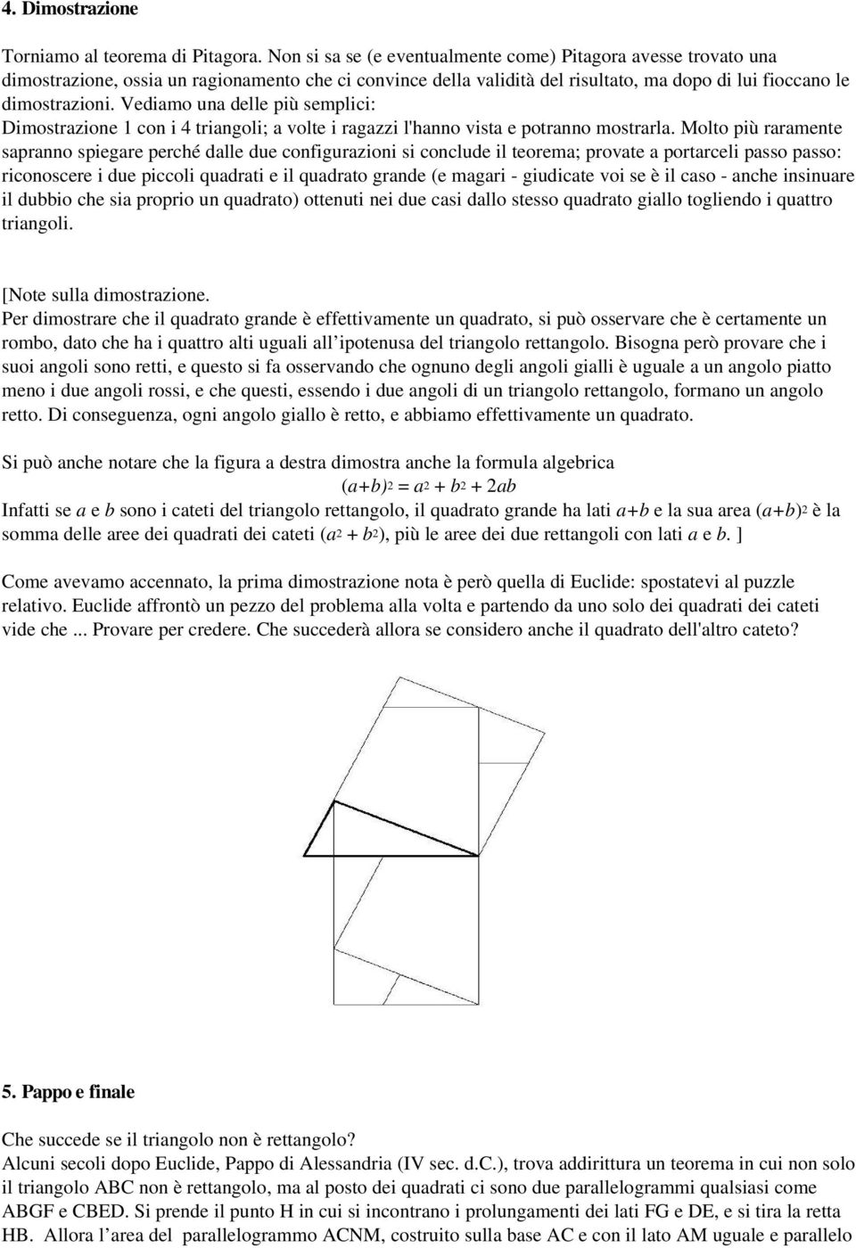 Vediamo una delle più semplici: Dimostrazione 1 con i 4 triangoli; a volte i ragazzi l'hanno vista e potranno mostrarla.