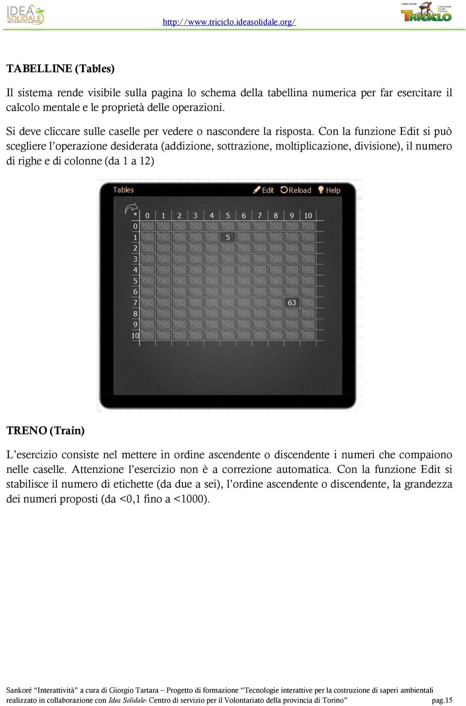 Con la funzione Edit si può scegliere l operazione desiderata (addizione, sottrazione, moltiplicazione, divisione), il numero di righe e di colonne (da 1 a 12) TRENO (Train) L