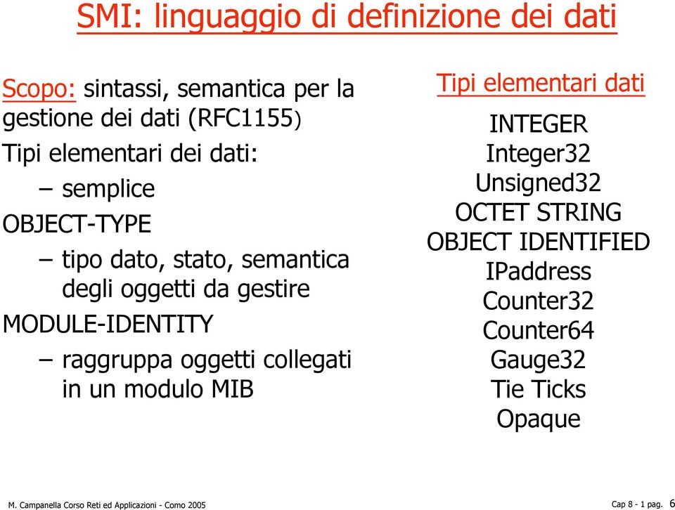 raggruppa oggetti collegati in un modulo MIB Tipi elementari dati INTEGER Integer32 Unsigned32 OCTET STRING OBJECT