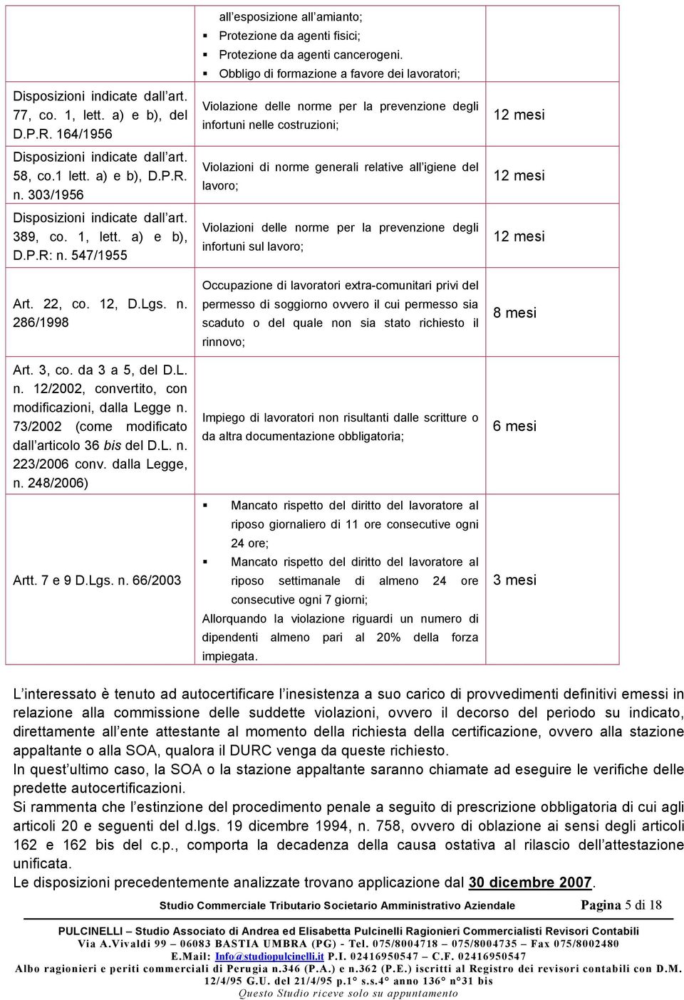 73/2002 (come modificato dall articolo 36 bis del D.L. n. 223/2006 conv. dalla Legge, n. 248/2006) Artt. 7 e 9 D.Lgs. n. 66/2003 all esposizione all amianto; Protezione da agenti fisici; Protezione da agenti cancerogeni.