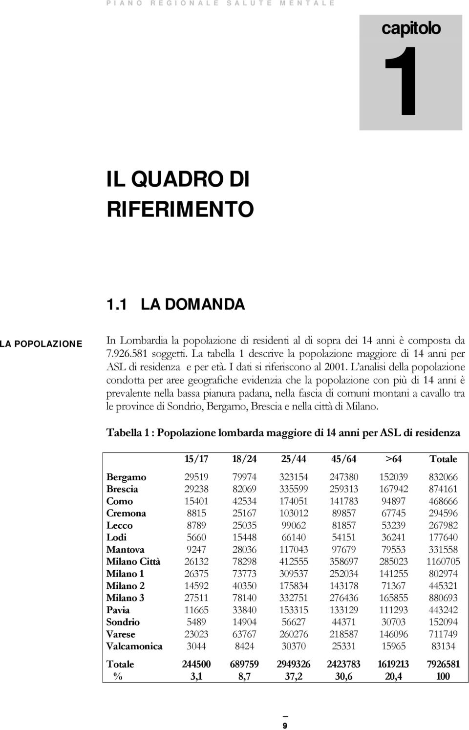 L analisi della popolazione condotta per aree geografiche evidenzia che la popolazione con più di 14 anni è prevalente nella bassa pianura padana, nella fascia di comuni montani a cavallo tra le