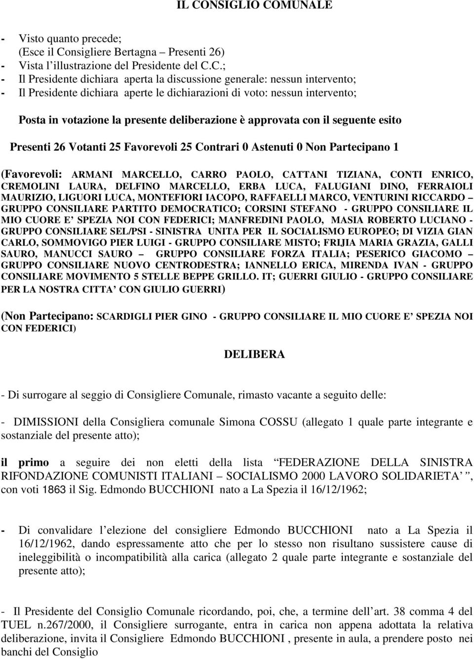 Favorevoli 25 Contrari 0 Astenuti 0 Non Partecipano 1 (Favorevoli: ARMANI MARCELLO, CARRO PAOLO, CATTANI TIZIANA, CONTI ENRICO, CREMOLINI LAURA, DELFINO MARCELLO, ERBA LUCA, FALUGIANI DINO, FERRAIOLI