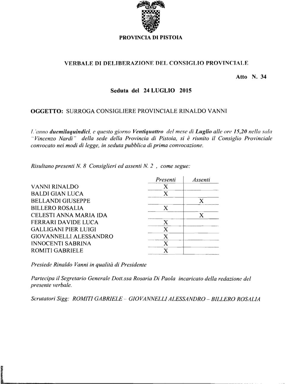5,20 ncllr strln "Vincenzo Nardi" della sede della Provincia di Pistoia, si è riunito il Consiglio Provincialc~ convocato nei modi di legge, in seduta pubblica di prima convocazione.
