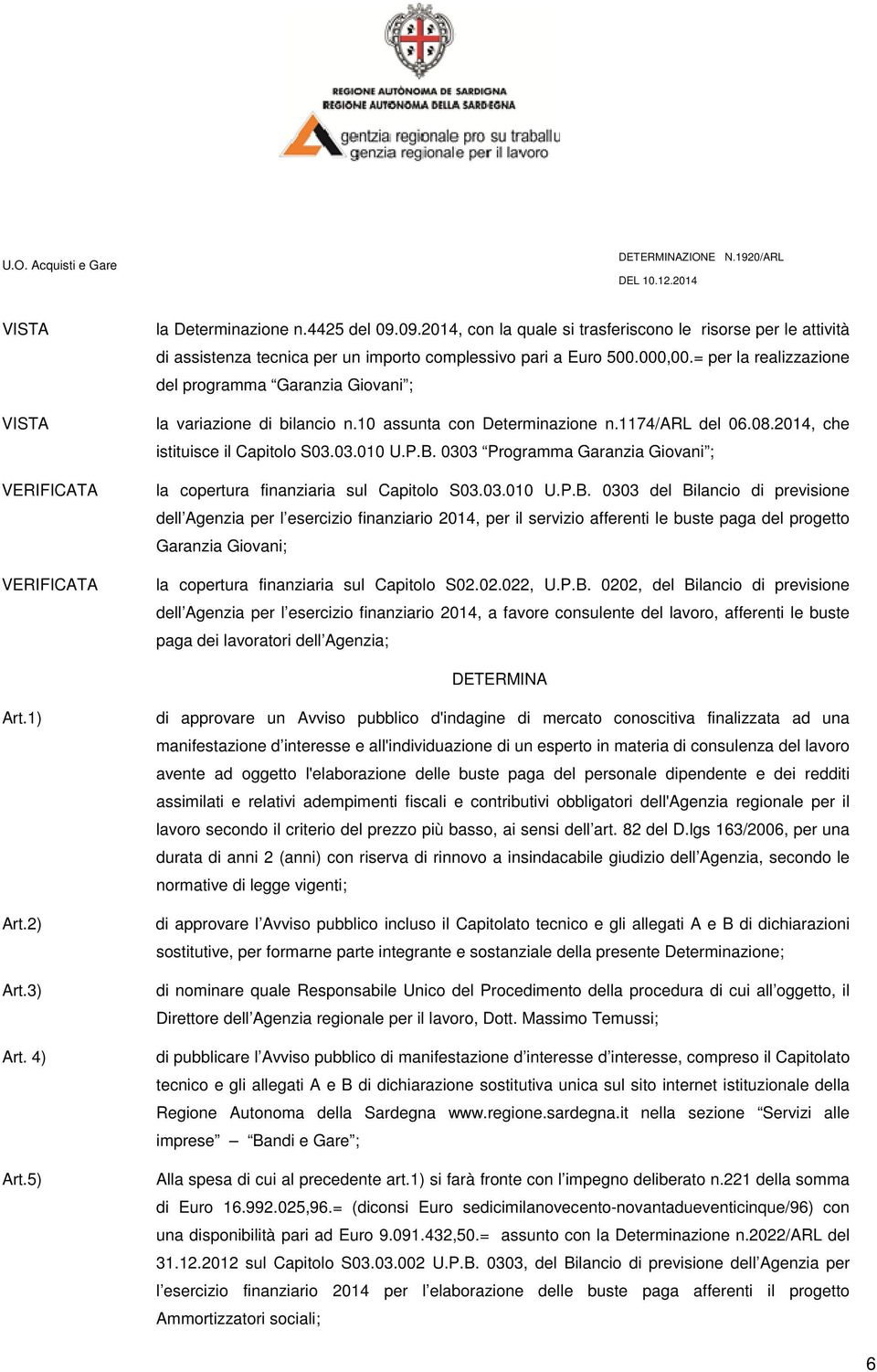 0303 Programma Garanzia Giovani ; la copertura finanziaria sul Capitolo S03.03.010 U.P.B.