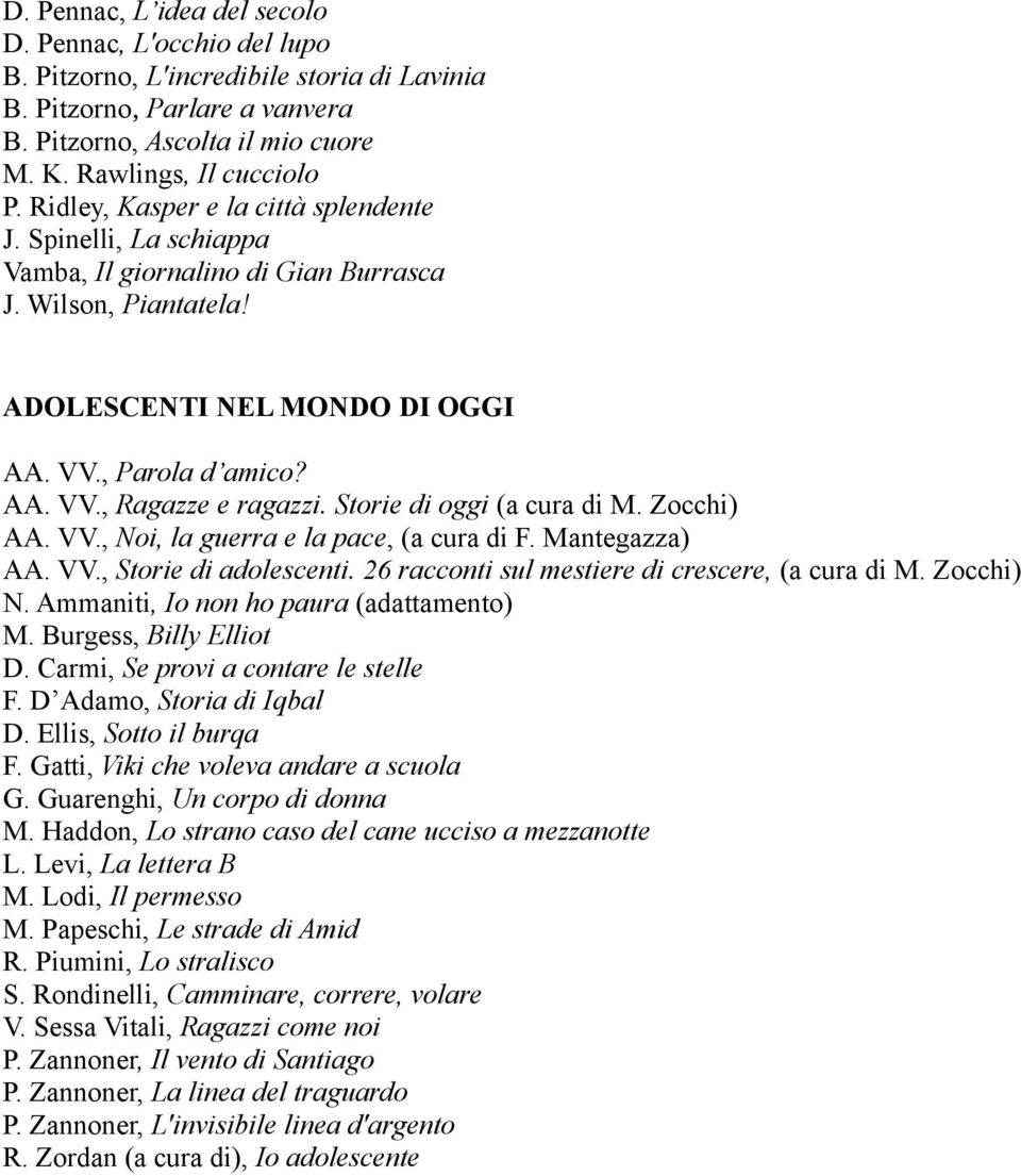 Storie di oggi (a cura di M. Zocchi) AA. VV., Noi, la guerra e la pace, (a cura di F. Mantegazza) AA. VV., Storie di adolescenti. 26 racconti sul mestiere di crescere, (a cura di M. Zocchi) N.