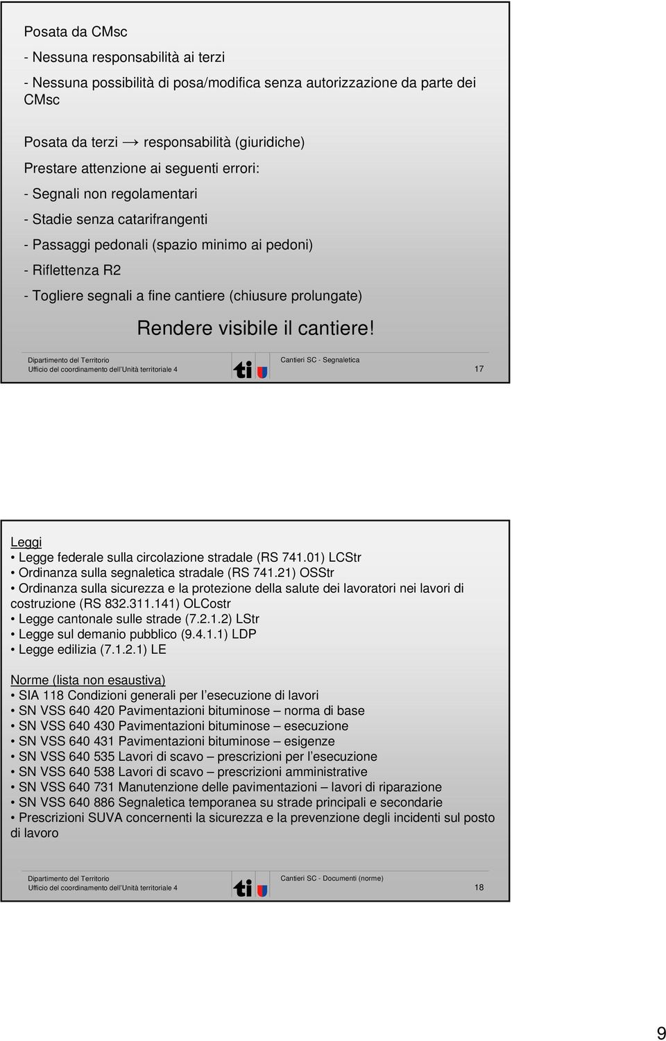 Rendere visibile il cantiere! Cantieri SC - Segnaletica 17 Leggi Legge federale sulla circolazione stradale (RS 741.01) LCStr Ordinanza sulla segnaletica stradale (RS 741.