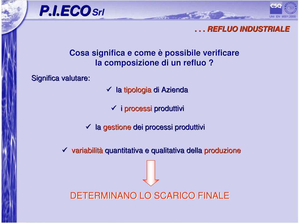 Significa valutare: la tipologia di Azienda i processi produttivi la