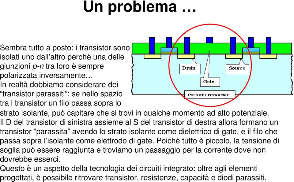 Il D del transistor di sinistra assieme al S del transistor di destra allora formano un transistor parassita avendo lo strato isolante come dielettrico di gate, e il filo che passa sopra l isolante