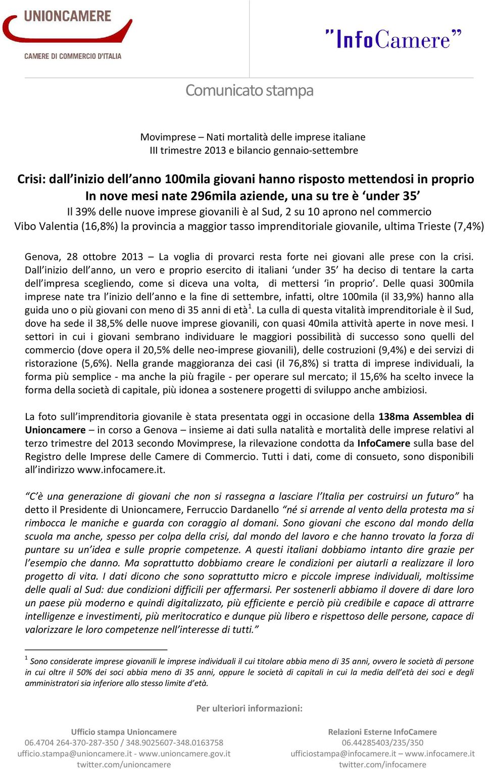 giovanile, ultima Trieste (7,4%) Genova, 28 ottobre La voglia di provarci resta forte nei giovani alle prese con la crisi.