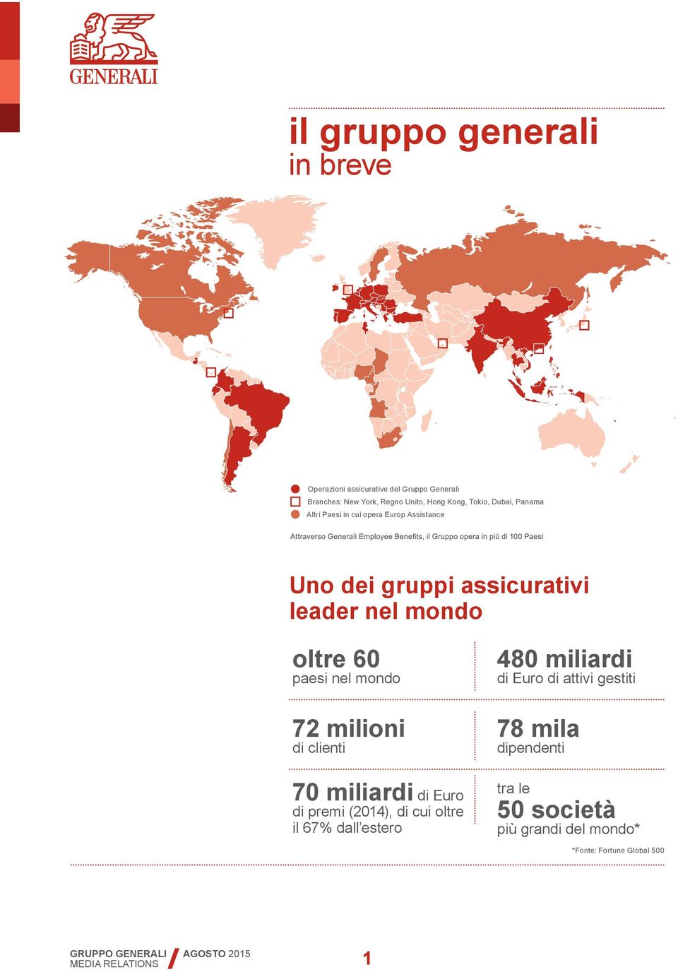 paesi nel mondo 72 milioni di clienti 70 miliardi di Euro di premi (2014), di cui oltre il 67% dall estero 480 miliardi