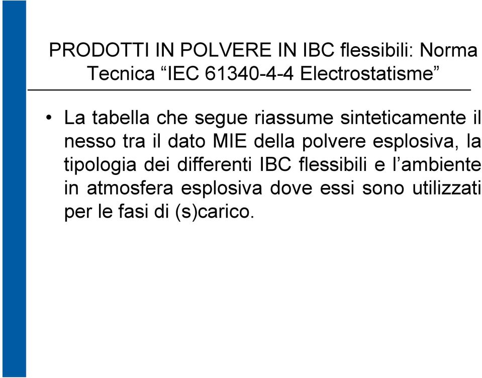 dato MIE della polvere esplosiva, la tipologia dei differenti IBC flessibili