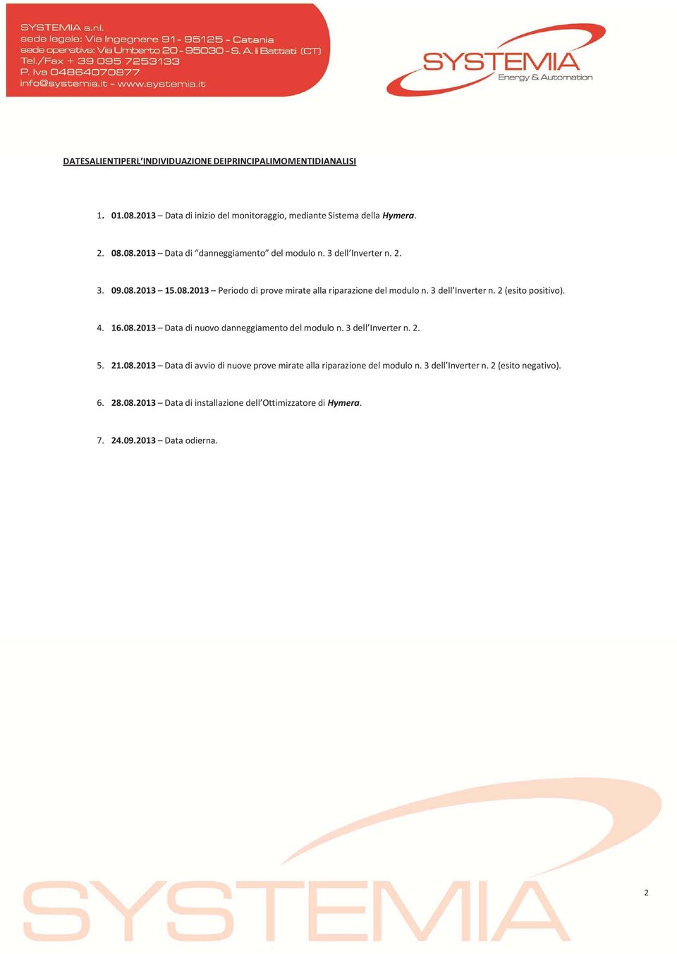 3 dell Inverter n. 2. 5. 21.08.2013 Data di avvio di nuove prove mirate alla riparazione del modulo n. 3 dell Inverter n. 2 (esito negativo). 6. 28.08.2013 Data di installazione dell Ottimizzatore di Hymera.