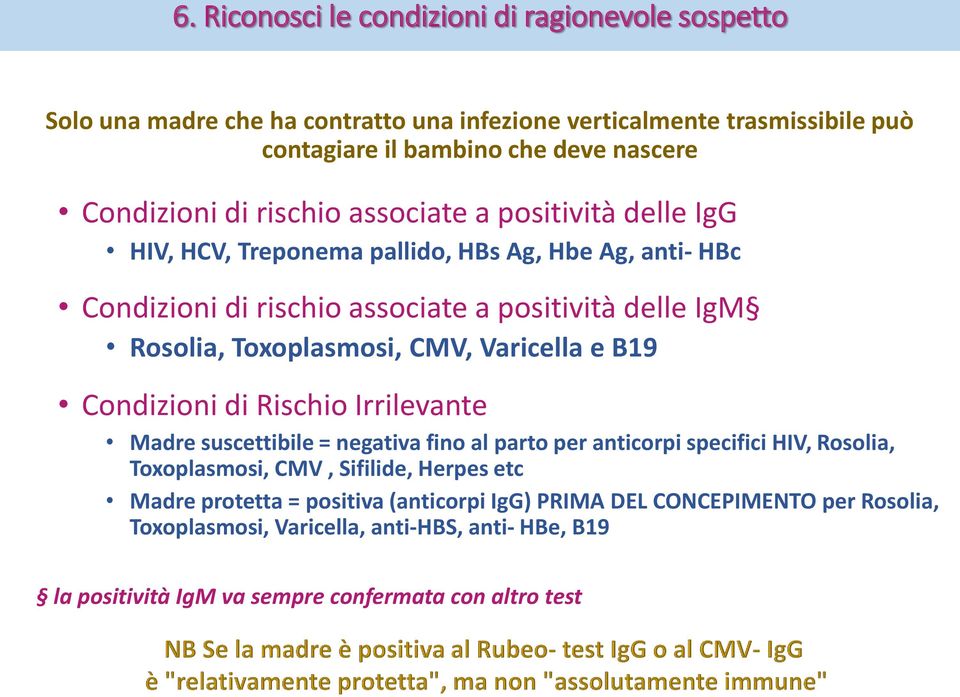 Toxoplasmosi, CMV, Varicella e B19 Condizioni di Rischio Irrilevante Madre suscettibile = negativa fino al parto per anticorpi specifici HIV, Rosolia, Toxoplasmosi, CMV,