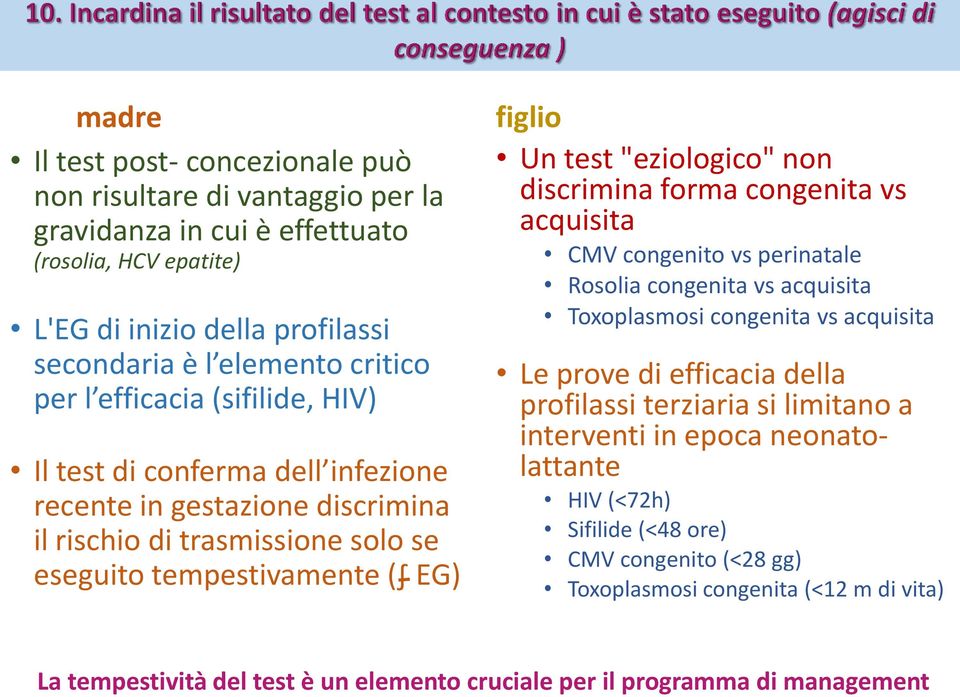 discrimina forma congenita vs acquisita CMV congenito vs perinatale Rosolia congenita vs acquisita Toxoplasmosi congenita vs acquisita Le prove di efficacia della profilassi terziaria si limitano a