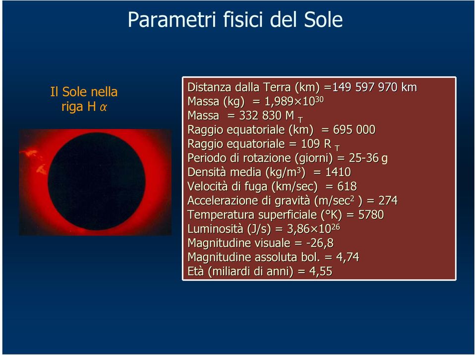 media (kg/m 3 ) = 1410 Velocità di fuga (km/sec) = 618 Accelerazione di gravità (m/sec 2 ) = 274 Temperatura superficiale (