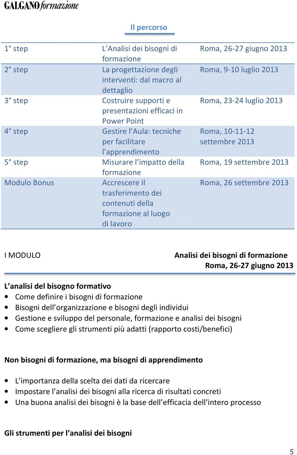 26-27 giugno 2013 Roma, 9-10 luglio 2013 Roma, 23-24 luglio 2013 Roma, 10-11-12 settembre 2013 Roma, 19 settembre 2013 Roma, 26 settembre 2013 I MODULO Analisi dei bisogni di formazione Roma, 26-27