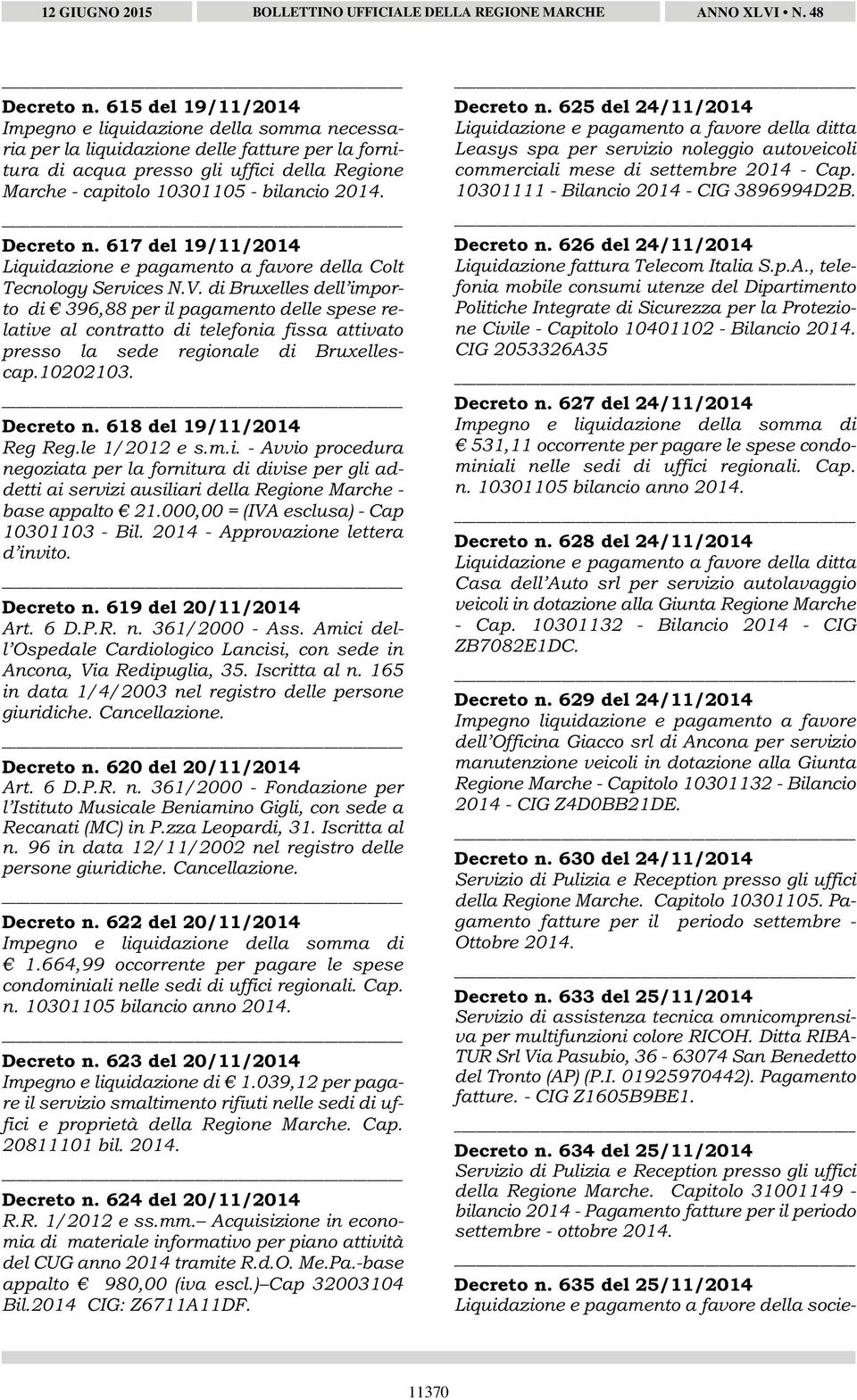 del 19/11/2014 Liquidazione e pagamento a favore della Colt Tecnology Services N.V.