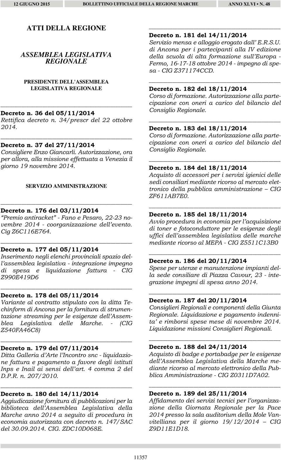 176 del 03/11/2014 Premio antiracket - Fano e Pesaro, 22-23 novembre 2014 - coorganizzazione dell evento. Cig Z6C116E764. Decreto n.