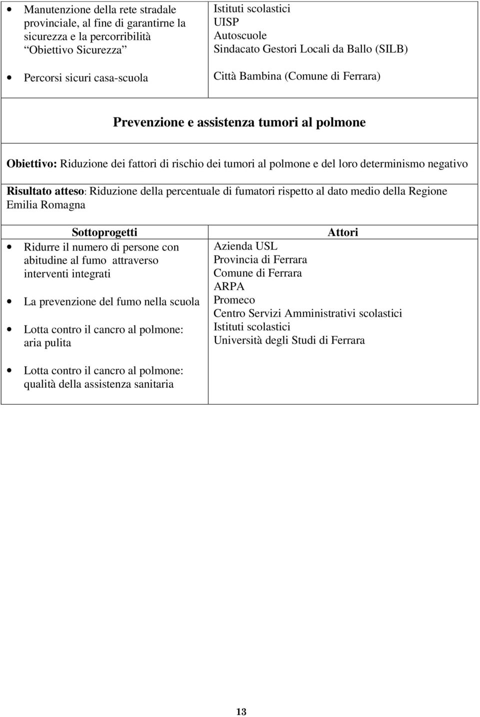 negativo Risultato atteso: Riduzione della percentuale di fumatori rispetto al dato medio della Regione Emilia Romagna Sottoprogetti Ridurre il numero di persone con abitudine al fumo attraverso