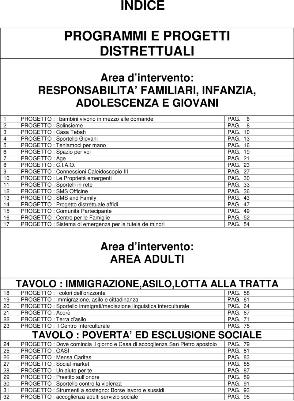 19 7 PROGETTO : Age PAG. 21 8 PROGETTO : C.I.A.O. PAG. 23 9 PROGETTO : Connessioni Caleidoscopio III PAG. 27 10 PROGETTO : Le Proprietà emergenti PAG. 30 11 PROGETTO : Sportelli in rete PAG.