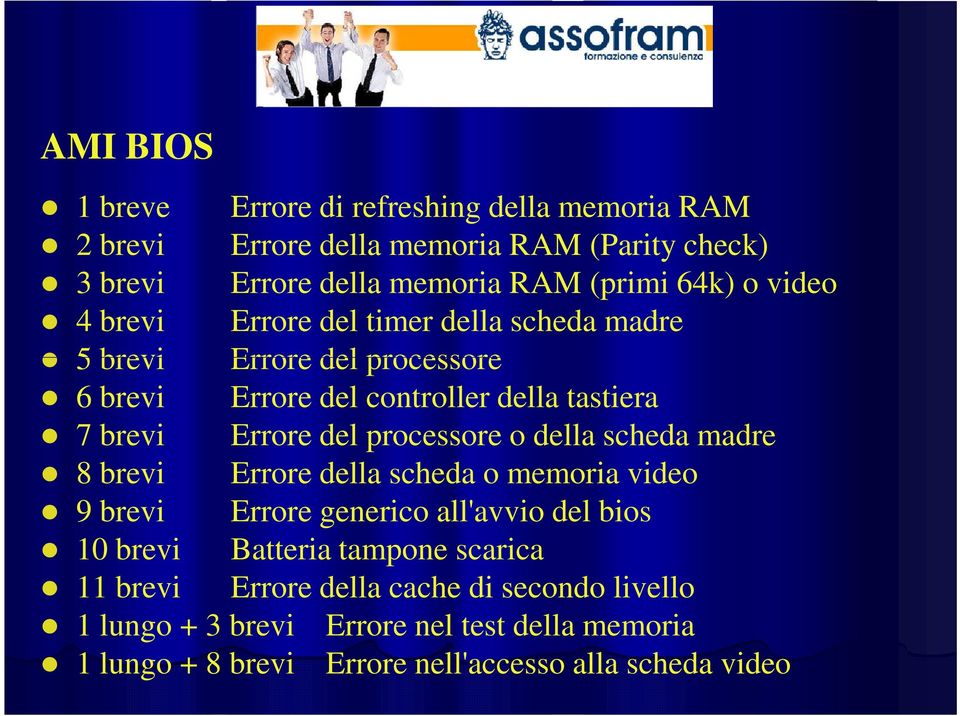 processore o della scheda madre 8 brevi Errore della scheda o memoria video 9 brevi Errore generico all'avvio del bios 10 brevi Batteria tampone