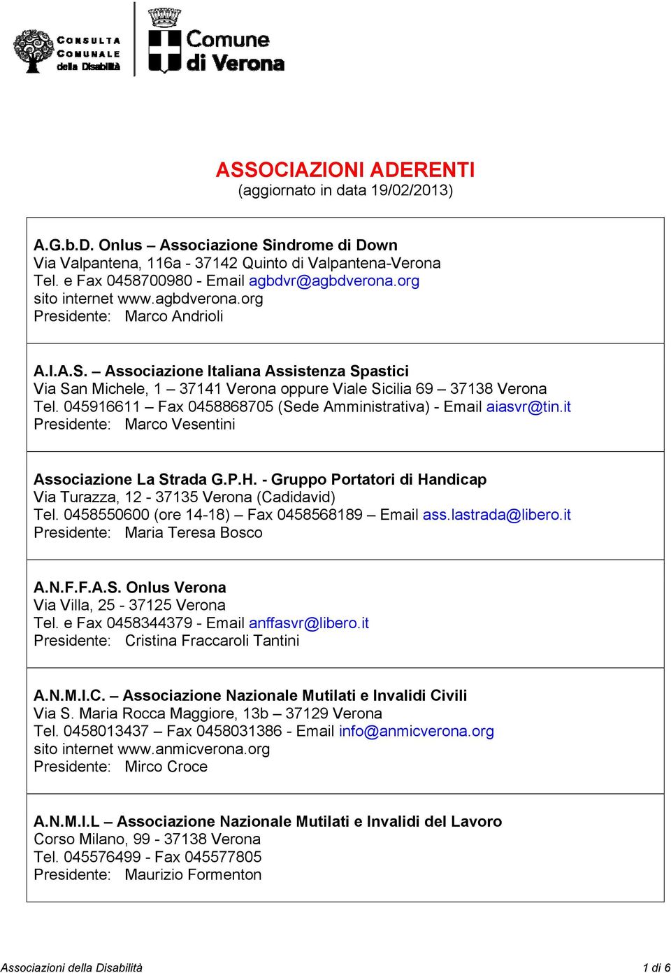 it Presidente: Marco Vesentini Associazione La Strada G.P.H. - Gruppo Portatori di Handicap Via Turazza, 12-37135 Verona (Cadidavid) Tel. 0458550600 (ore 14-18) Fax 0458568189 Email ass.
