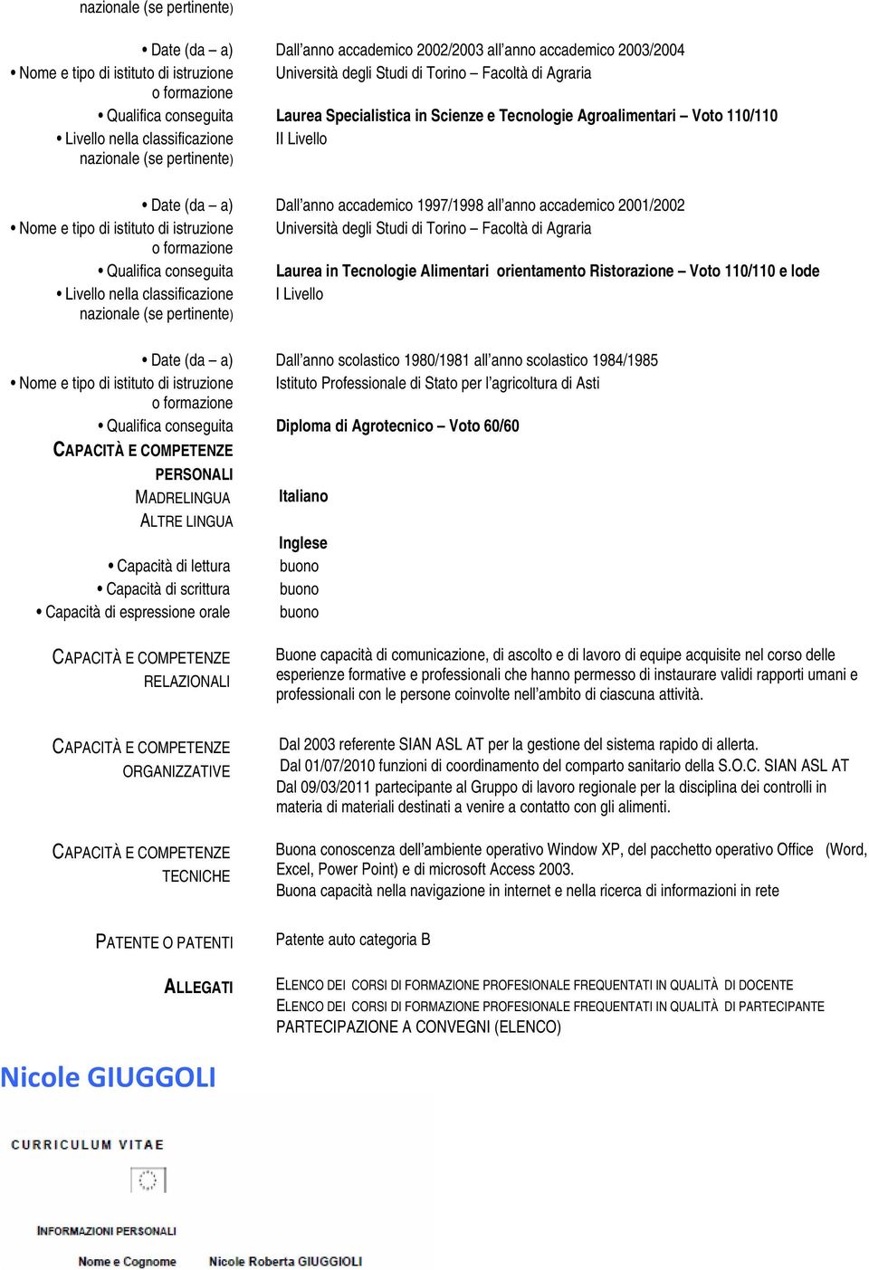 accademico 1997/1998 all anno accademico 2001/2002 Nome e tipo di istituto di istruzione Università degli Studi di Torino Facoltà di Agraria o formazione Qualifica conseguita Laurea in Tecnologie