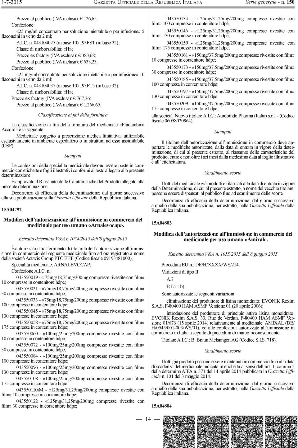 : «25 mg/ml concentrato per soluzione iniettabile o per infusione» 10 flaconcini in vetro da 2 ml; A.I.C. n.