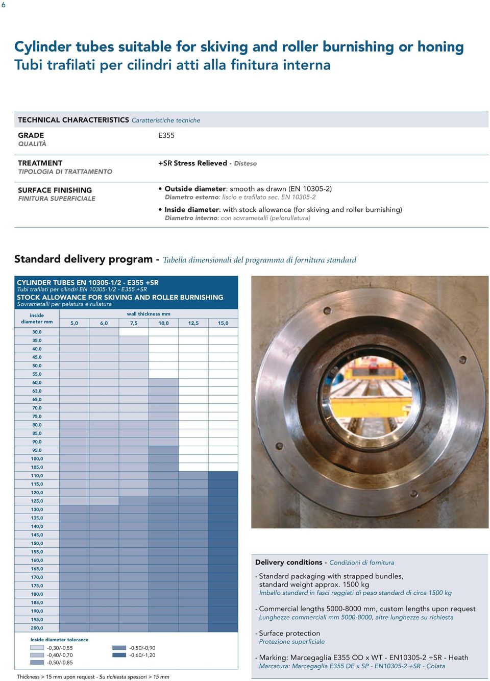 EN 10305-2 Inside diameter: with stock allowance (for skiving and roller burnishing) Diametro interno: con sovrametalli (pelorullatura) Standard delivery program - Tabella dimensionali del programma