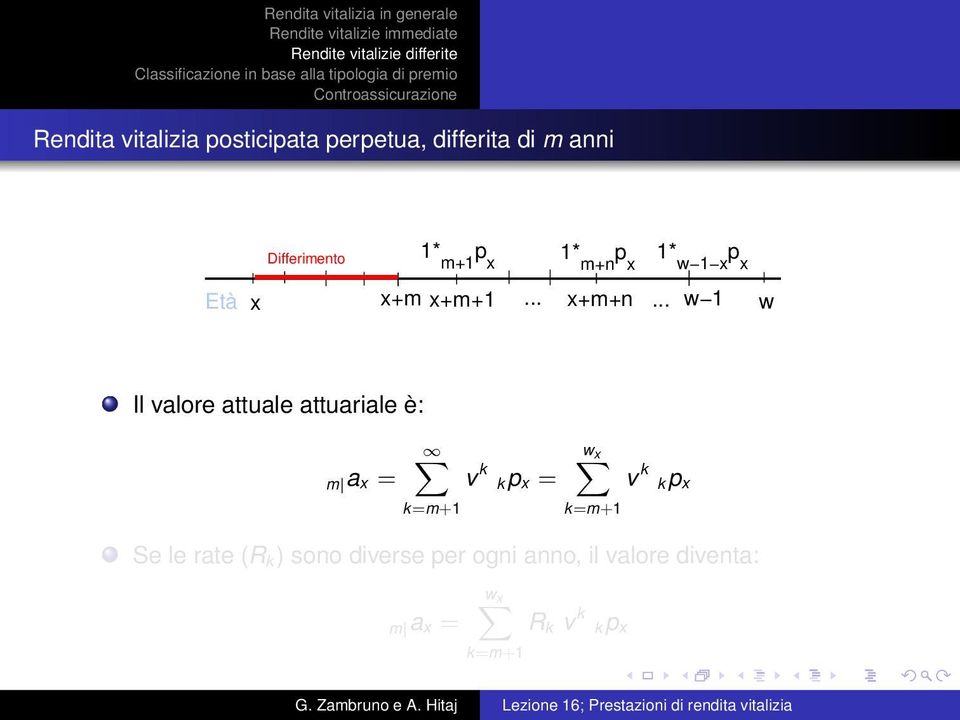 .. w 1 w Il valore attuale attuariale è: m a x = k=m+1 v k k = w x k=m+1 v k k Se