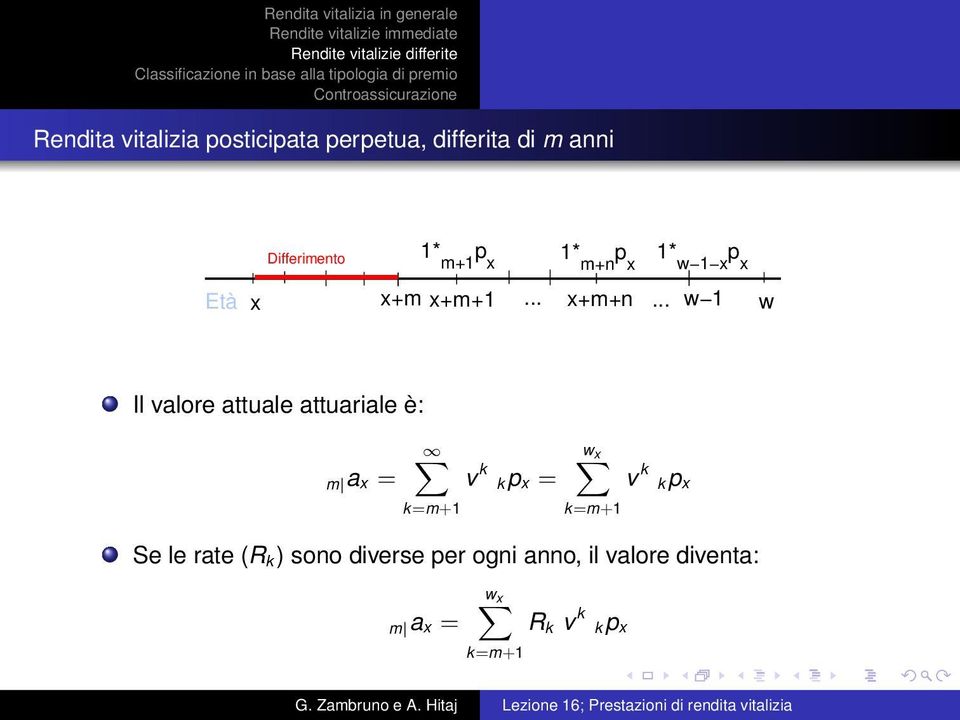 .. w 1 w Il valore attuale attuariale è: m a x = k=m+1 v k k = w x k=m+1 v k k Se