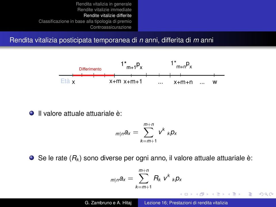 .. w Il valore attuale attuariale è: m na x = m+n k=m+1 v k k Se le rate (R k )