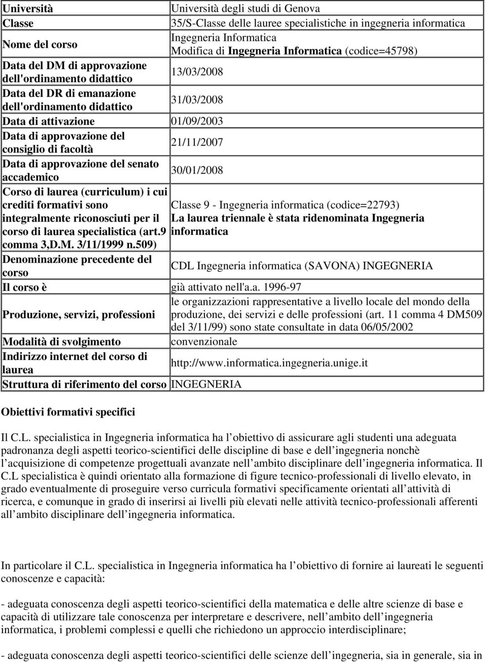 approvazione del senato accademico 30/01/2008 Corso di laurea (curriculum) i cui crediti formativi sono integralmente riconosciuti per il Classe 9 - (codice=22793) La laurea triennale è stata