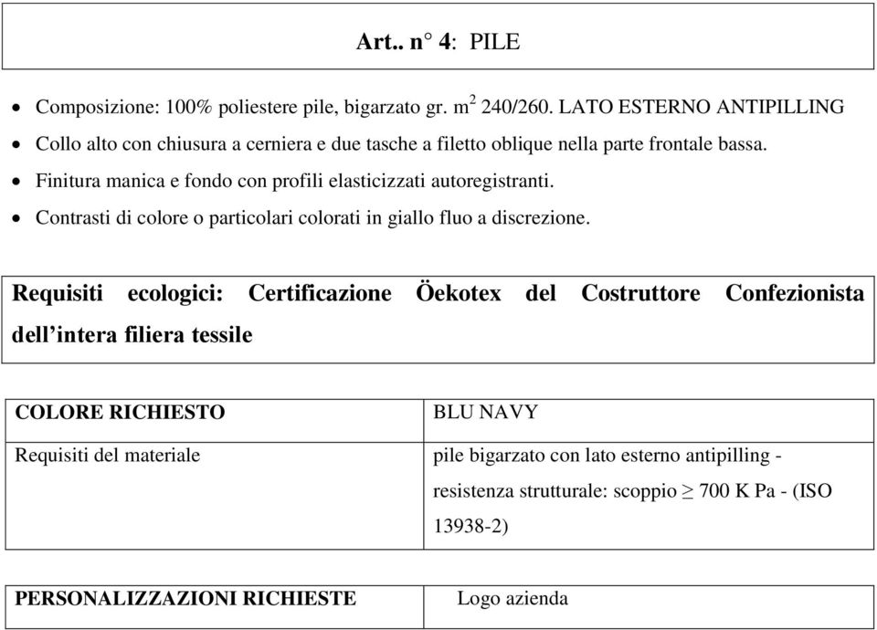 Finitura manica e fondo con profili elasticizzati autoregistranti. Contrasti di colore o particolari colorati in giallo fluo a discrezione.