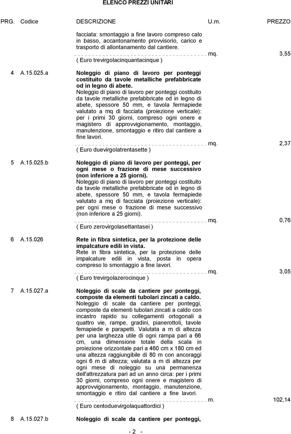 Noleggio di piano di lavoro per ponteggi costituito da tavole metalliche prefabbricate od in legno di abete, spessore 50 mm, e tavola fermapiede valutato a mq di facciata (proiezione verticale): per