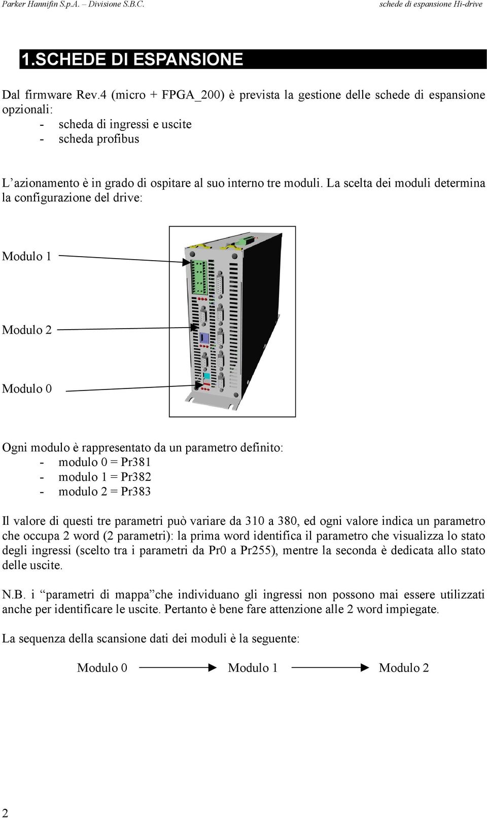 La scelta dei moduli determina la configurazione del drive: Modulo 1 Modulo 2 Modulo 0 Ogni modulo è rappresentato da un parametro definito: - modulo 0 = Pr381 - modulo 1 = Pr382 - modulo 2 = Pr383