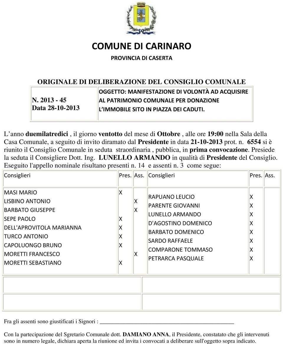 L anno duemilatredici, il giorno ventotto del mese di Ottobre, alle ore 19:00 nella Sala della Casa Comunale, a seguito di invito diramato dal Presidente in data 21-10-2013 prot. n. 6554 si è riunito il Consiglio Comunale in seduta straordinaria, pubblica, in prima convocazione.