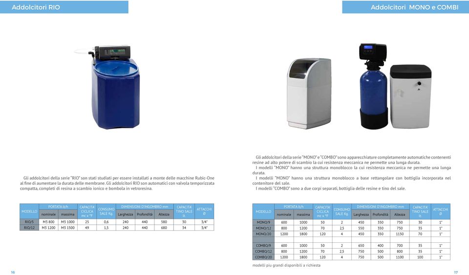 Gli addolcitori della serie MONO e COMBO sono apparecchiature completamente automatiche contenenti resine ad alto potere di scambio la cui resistenza meccanica ne permette una lunga durata.
