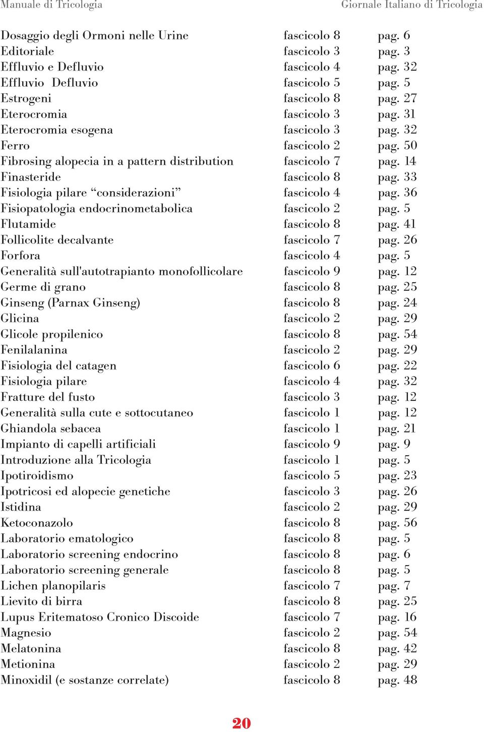 14 Finasteride fascicolo 8 pag. 33 Fisiologia pilare considerazioni fascicolo 4 pag. 36 Fisiopatologia endocrinometabolica fascicolo 2 pag. 5 Flutamide fascicolo 8 pag.