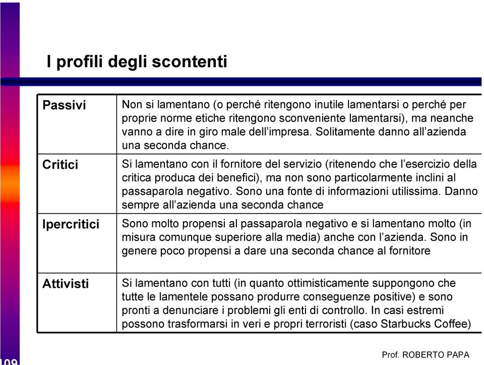 Si lamentano con il fornitore del servizio (ritenendo che l esercizio della critica produca dei benefici), ma non sono particolarmente inclini al passaparola negativo.