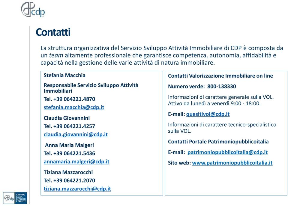 +39 064221.4257 claudia.giovannini@cdp.it Anna Maria Malgeri Tel. +39 064221.5436 annamaria.malgeri@cdp.it Tiziana Mazzarocchi Tel. +39 064221.2070 tiziana.mazzarocchi@cdp.