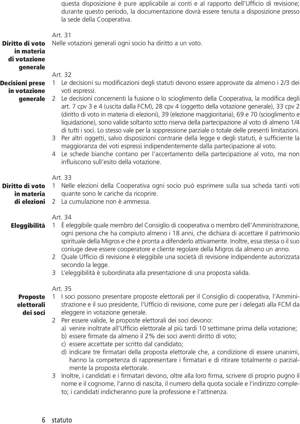 31 Nelle votazioni generali ogni socio ha diritto a un voto. Art. 32 1 Le decisioni su modificazioni degli statuti devono essere approvate da almeno i 2/3 dei voti espressi.