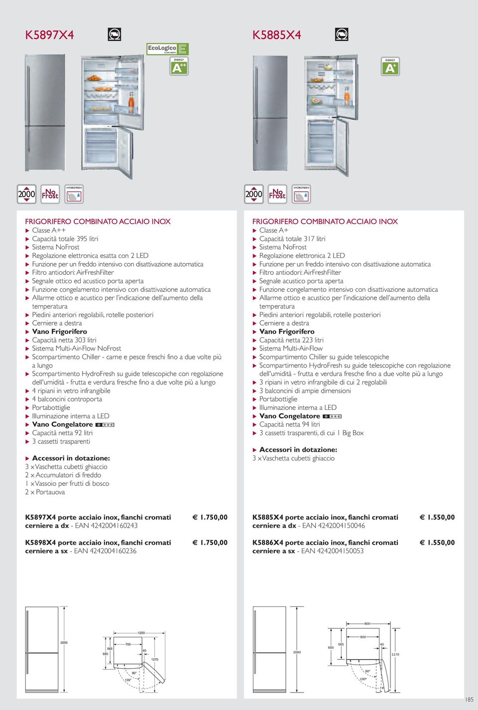 acustico per l indicazione dell aumento della temperatura u Piedini anteriori regolabili, rotelle posteriori u Cerniere a destra u Capacità netta 303 litri u Sistema Multi-Air-Flow NoFrost u