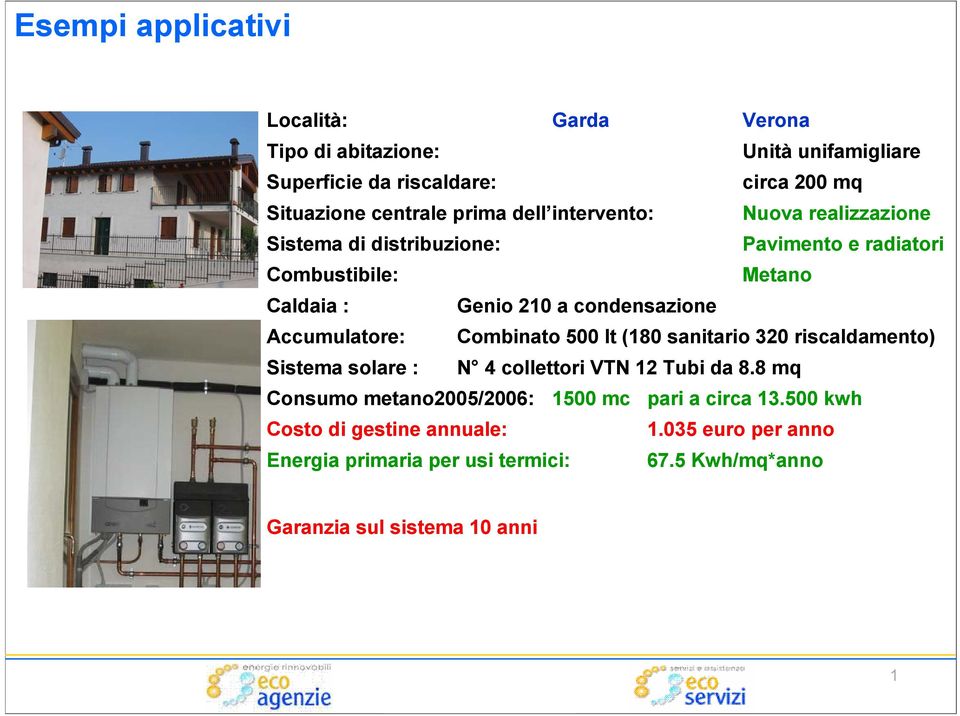 Sistema solare : N 4 collettori VTN 12 Tubi da 8.8 mq Consumo metano2005/2006: 1500 mc pari a circa 13.