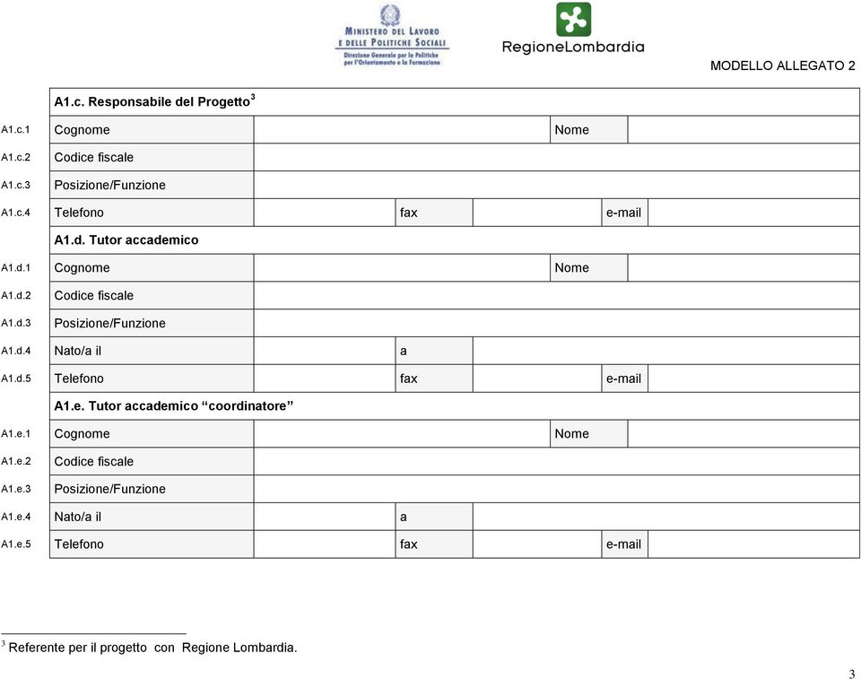 e. Tutor accademico coordinatore A1.e.1 Cognome Nome A1.e.2 A1.e.3 A1.e.4 Nato/a il a A1.e.5 Telefono fax e-mail 3 Referente per il progetto con Regione Lombardia.